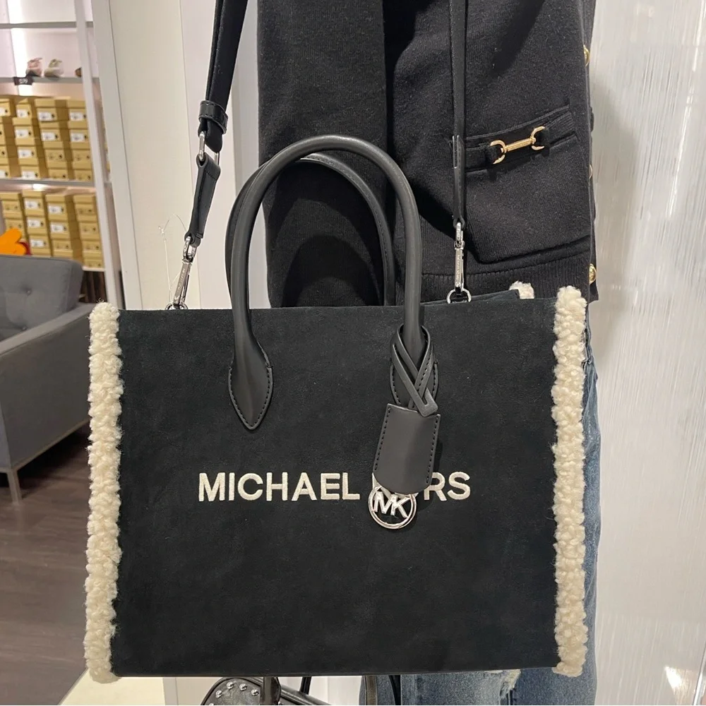 MICHAEL KORS Mirella Medium Suede and Faux Shearling Tote Bag Black  NWT